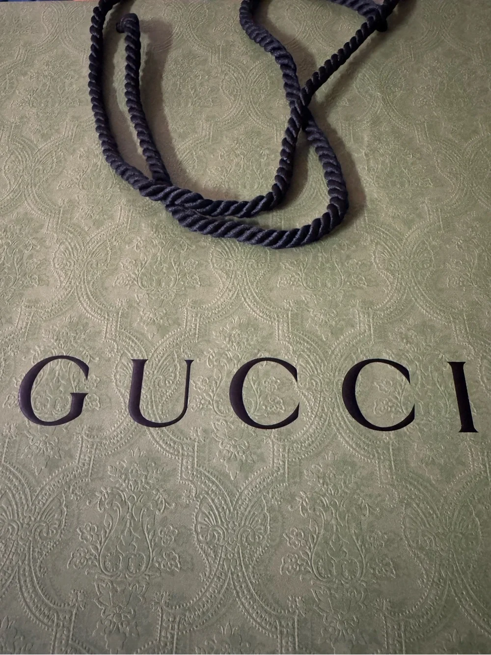 Gucci 💯% Authentic Damask Green Embossed Shopping gift bag w/Black Rope Handles